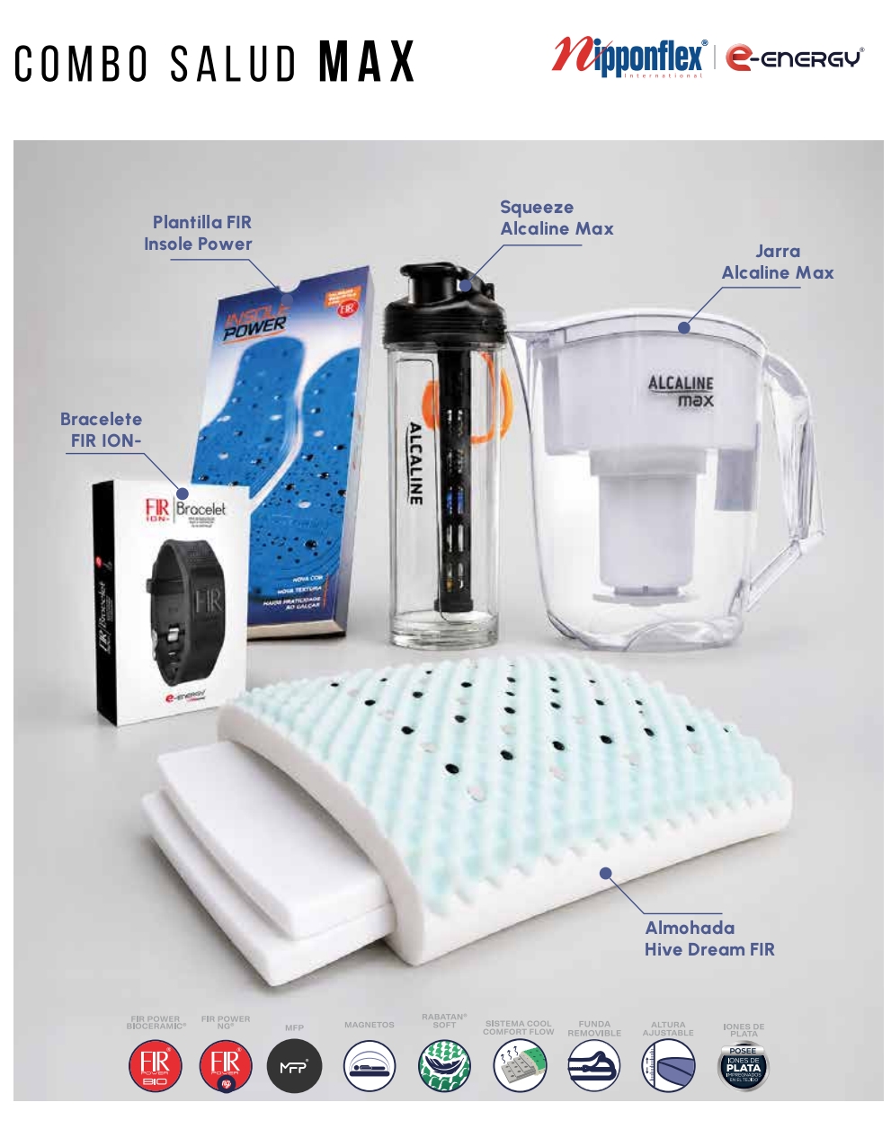 Combo Salud Max con plantillas FIR, squeeze, jarra Alcaline Max, brazalete y almohada HiveDream