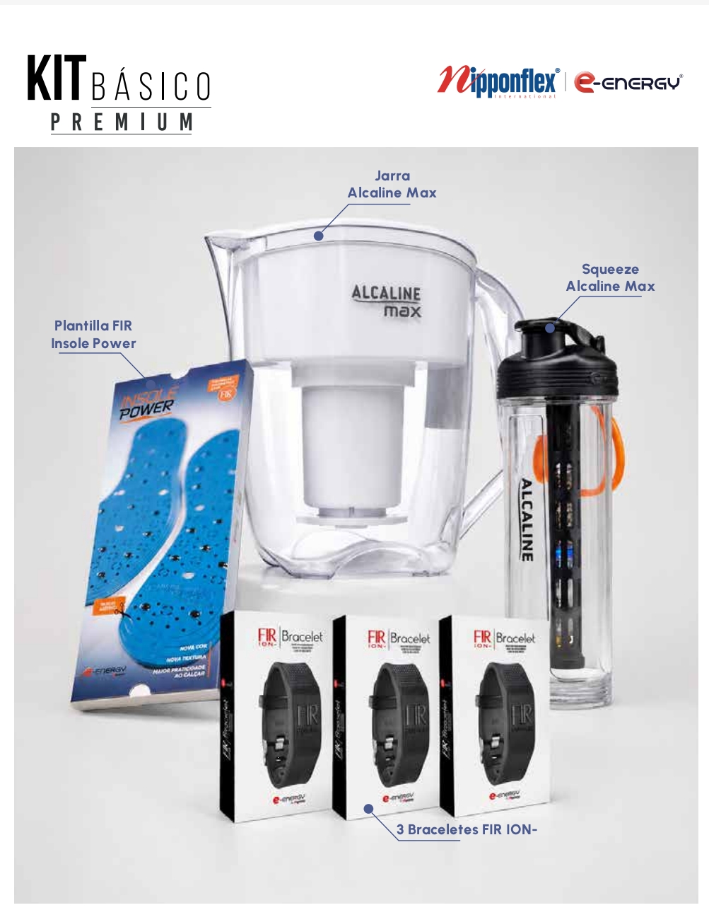 Kit Básico Premium con jarra Alcaline Max, squeeze, plantillas FIR y tres brazaletes