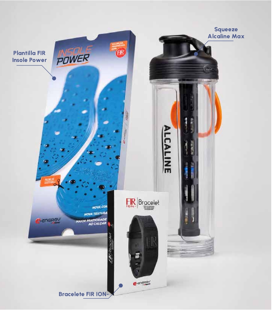 Selección de productos: plantillas FIR Insole Power, Squeeze Alcaline Max y brazalete FIR ION-